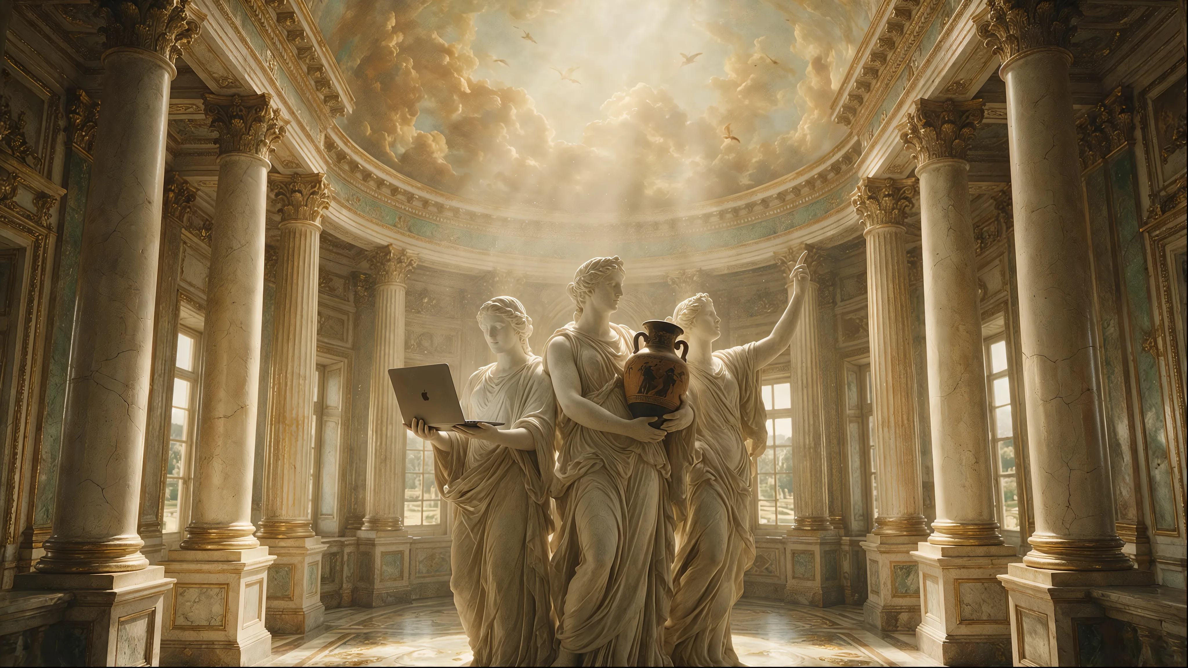 Classical marble statues holding a laptop and a Greek vase in a columned hall